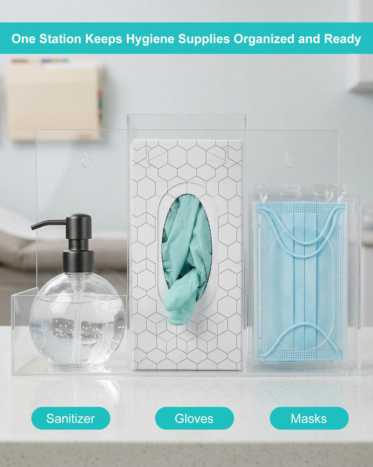 Acrylic Hygiene Station, 3 Compartment Clear Hygiene Supply Dispenser, Wall-Mountable or Countertop PPE Station for Face Masks Gloves Hand Sanitizer Tissues for Office Clinic Restaurant School