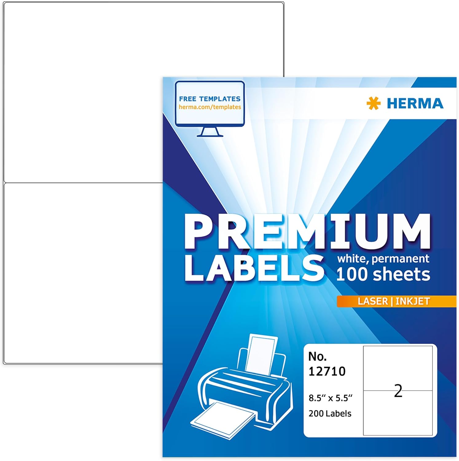 HERMA Easy Peel Printable Half Sheet Shipping Labels 5.5" x 8.5", 200 Labels, Customizable White Sticker Paper for Laser & Inkjet Printer, Address Label for Mailing, Storage & Organization
