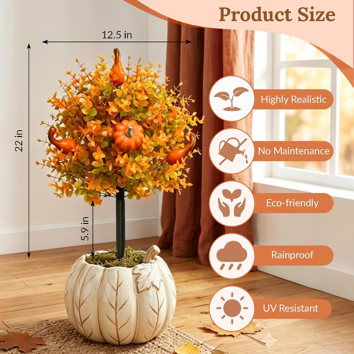 Fall Artificial Topiary Ball Trees, Set of 2 Pack Outdoor Plants with Ground Spike, 22" Lifelike Pumpkin Fake Bushes, UV Resistant Fake Plants Autumn Shrubs for Porch Garden Yard Decor (Orange)