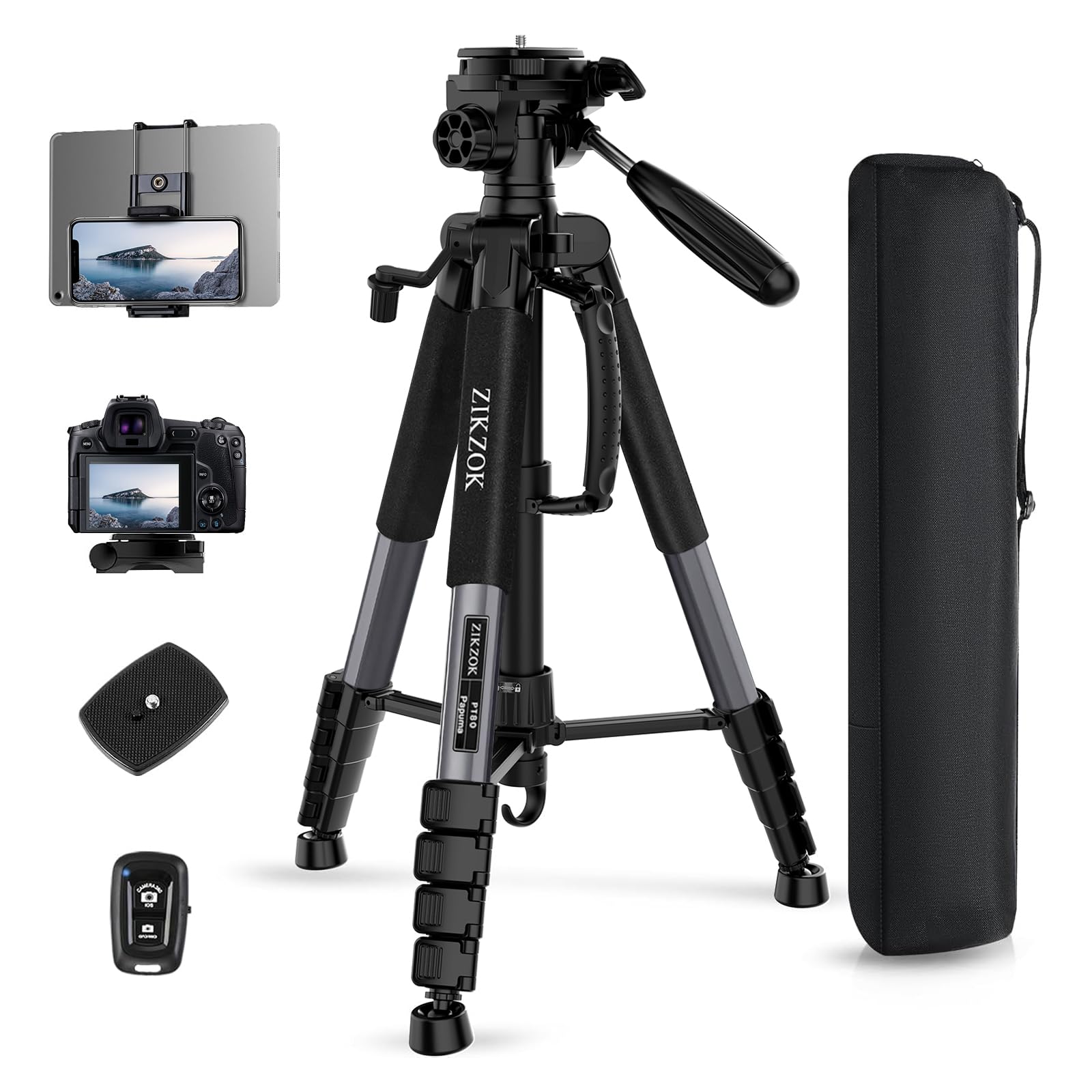 75" Camera Tripod, Heavy Duty Aluminum Camera Stand for ipad Phone, Travel Tripod with Remote/Carry Bag/Phone Tablet Holder, Compatible with DSLR, Spotting Scopes, Max Load 15 Lb(Grey)