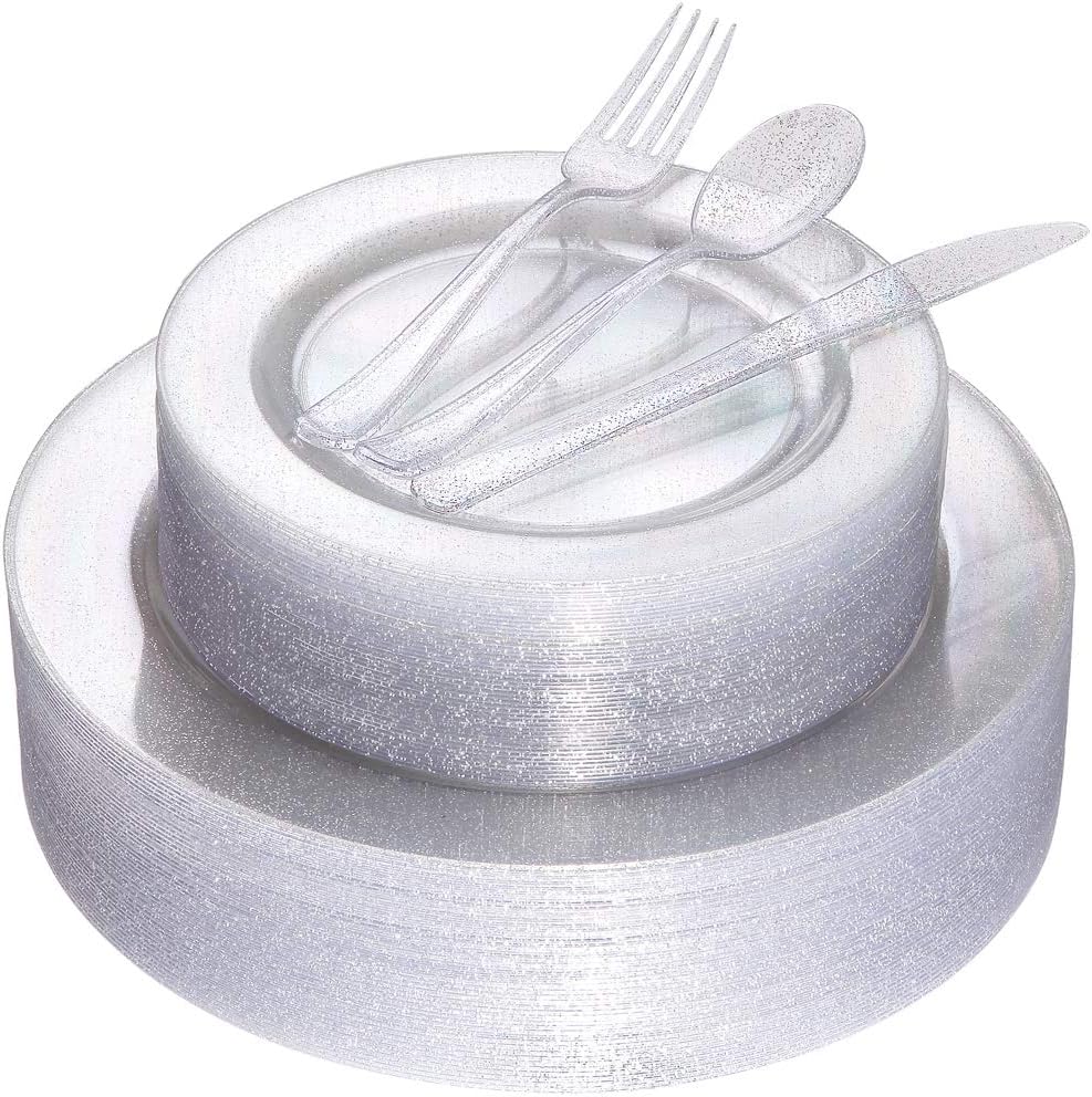 180pcs Silver Glitter Plates with Disposable Plastic Silverware Service for 36 Guest, Includes 36 Dinner Plates 10.25", 36 Dessert Plates 7.5", 36 Forks, 36 Knives, 36 Spoons