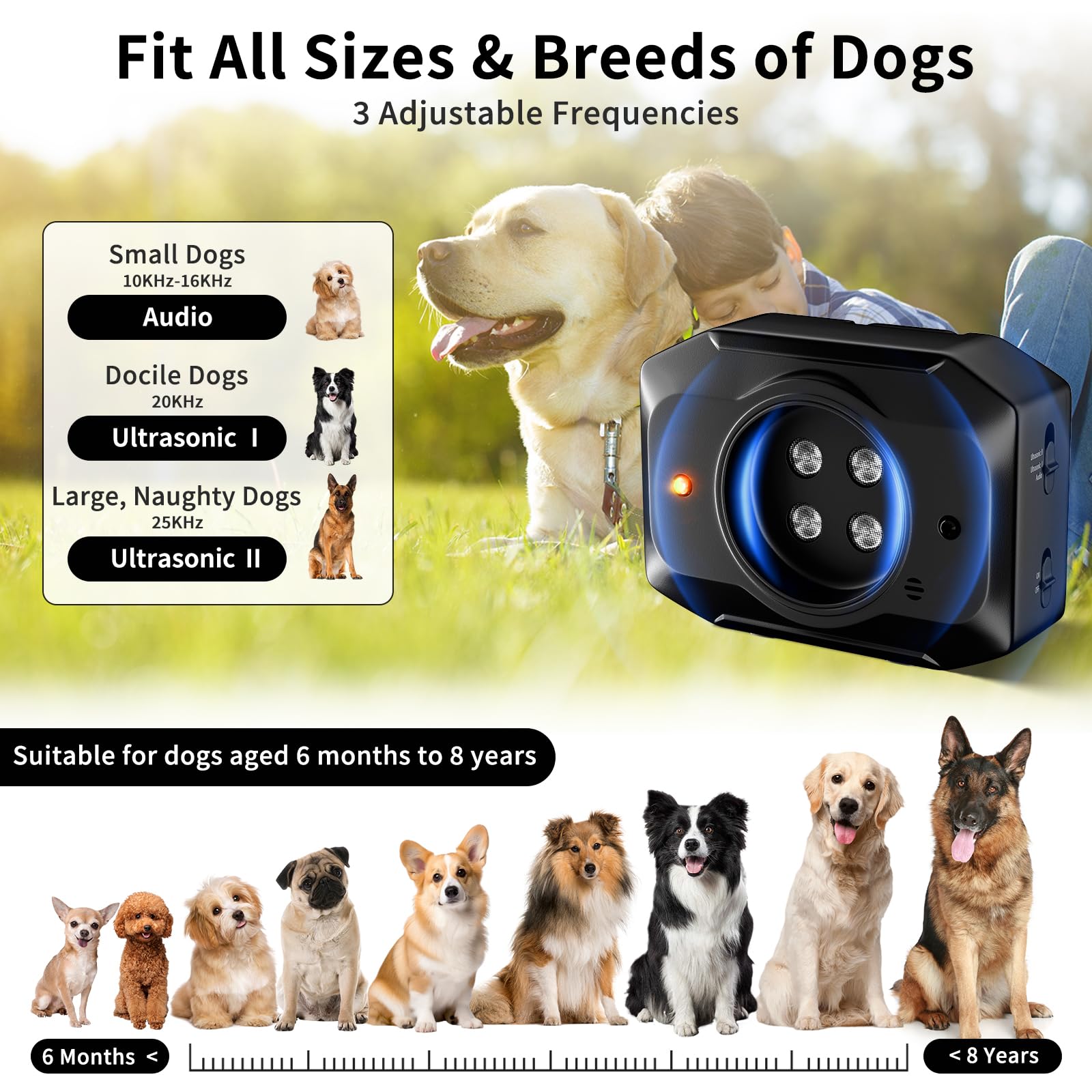 Antiladridos para perros, 25 pies 3 en 1, dispositivo ultrasónico antiladridos, 2 modos, mini collar antiladridos para interior y exterior-08