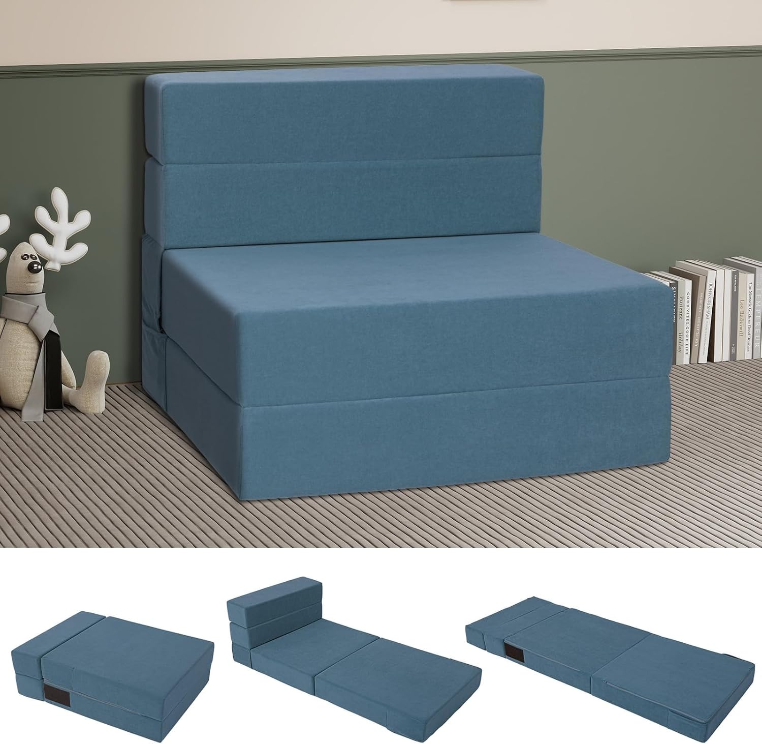 Folding Sofa Bed, 4 in 1 Convertible Sleeper Chair with Washable Cover, Portable Fold Out Sofa Mattress, Foldable Floor Chair Bed for Guest Room Office Small Space, Blue