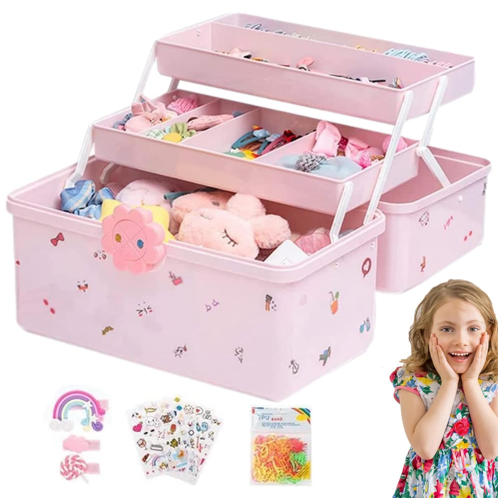 Hair Accessories Organiser For Girls, 3 Layer Hair Jewellery Storage Box, Waterproof Hair Clip Holder Vanity Container, Portable Jewellery Container For Hairs Bands, Clips Tie Keeper For Children