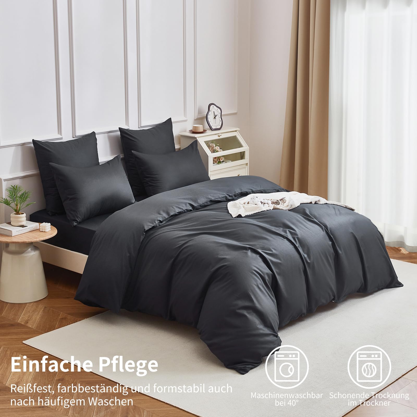 Bettwäsche 200x220 Baumwolle Grau Uni Bettwäsche 100% gekämmte Baumwolle Kühlend Glatt Glänzend Weich Atmungsaktiv Bettbezug Set 3 Teilig mit Reißverschluss und 2 Kissenbezüge 80x80 cm