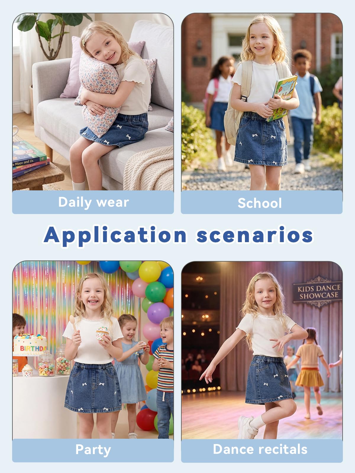 Miipat Gonna in Denim per Bambina, Gonna di Jeans con Pantaloncini a Pieghe a Vita Alta Modello ad A Elastico Casual Mini Gonne con Tasche per Bambine e Ragazze