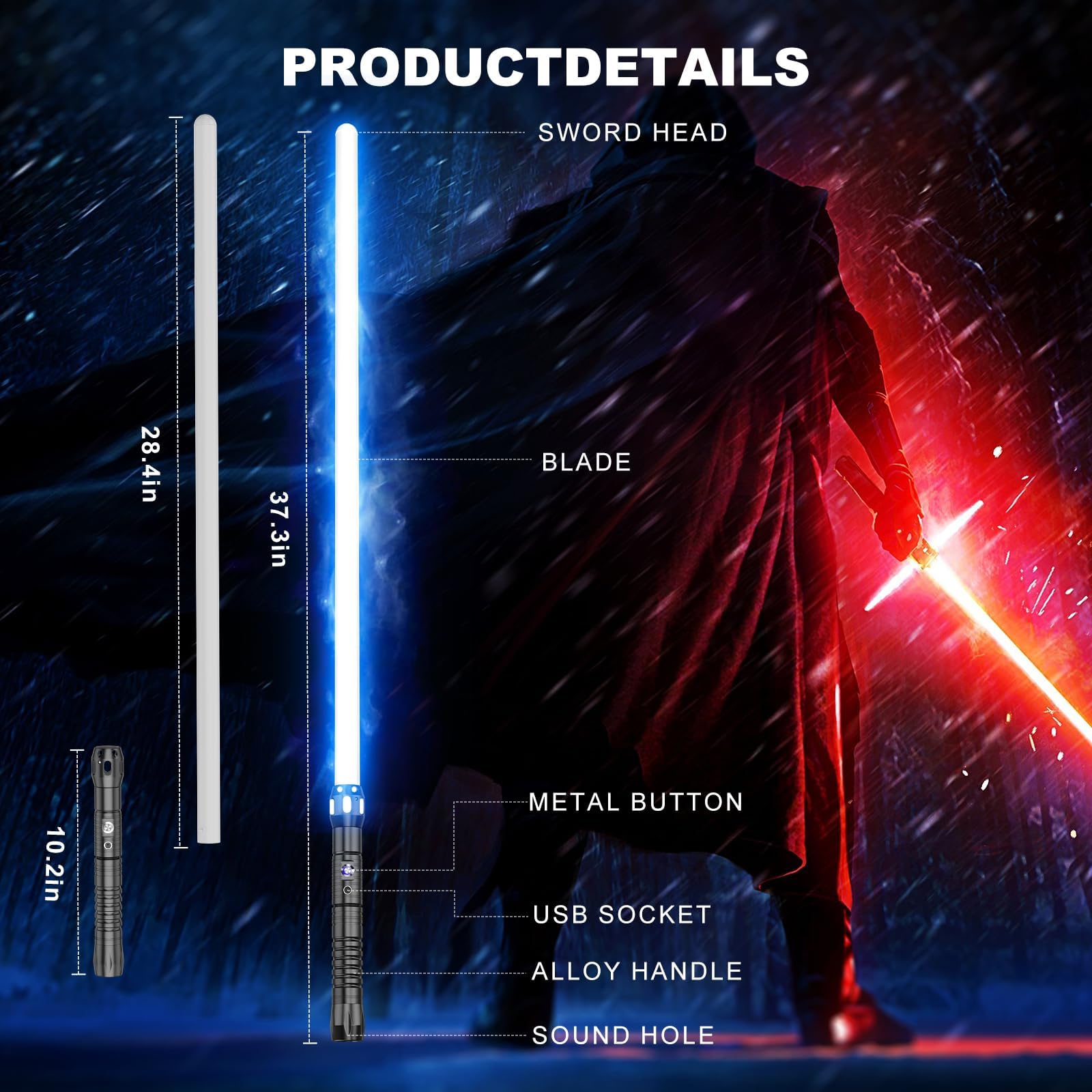 Lischwert Spada Laser, Spade Laser con 15 Colori RGB 10 Caratteri sonori, Spade Laser da duello con Manico in Metallo e Lama sostituibile, Spade Laser per Adulti, Bambini
