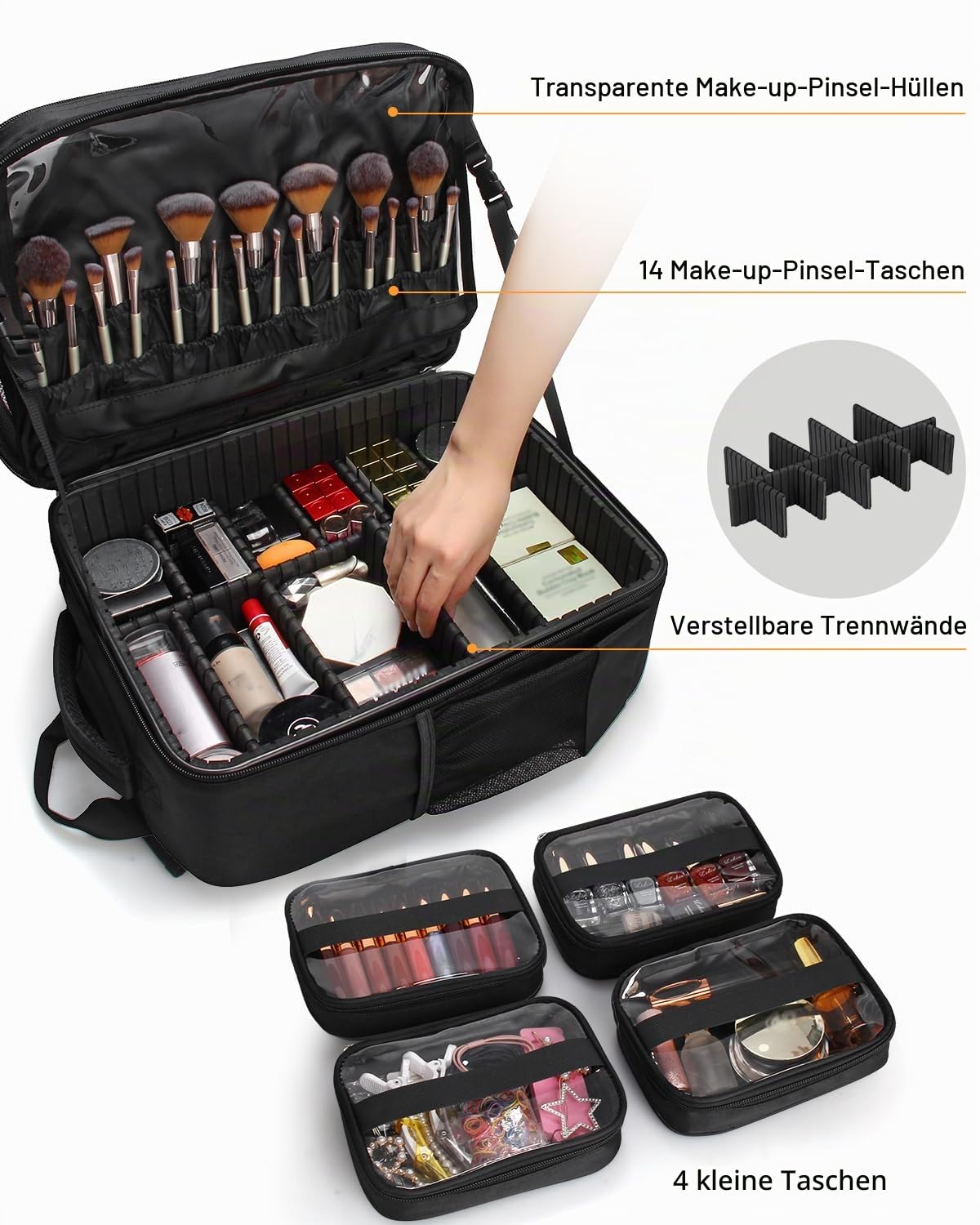 Kosmetikkoffer Rucksack Extra Großer Beautycase Professionelle Reise Make-up Tasche für Frauen Schminkkoffer Speicher Organizer für Make-up Künstler 3-Schicht, mit 4 Kleine Kosmetische Schminktasche