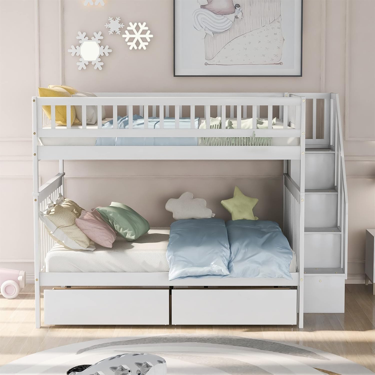 Full Over Full Bunk Bed with Stairs, Wooden Bunk Bed with Storage Drawers, Weight Capacity up to 600 lbs per Bed, for Kids Teens Adults (White)