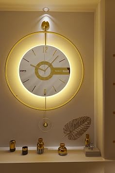 MetaQuartz Aksesuar (YENİ SARKAÇ) Elit Three Exculisive (PİLLİ LED) (BÜYÜK BOY), Metal (MOBİLYA) Duvar Saati gold beyaz 75 x 50