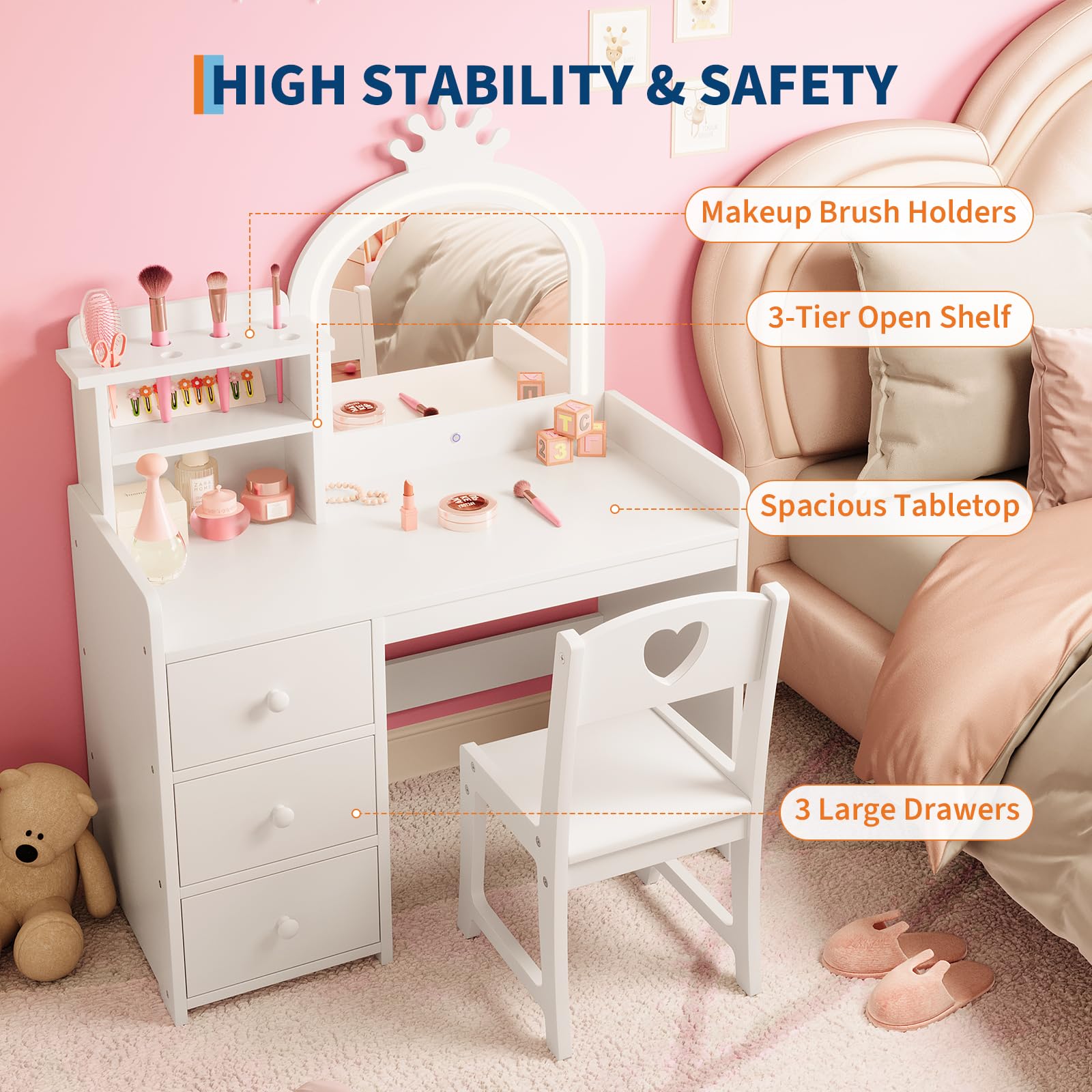Garvee 2-in-1 Kinder Schminktisch Set – Weißer Holz Frisiertisch mit Spiegel & Beleuchtung, Hocker, 3 Schubladen, Abnehmbarer Aufsatz – Farbe: White