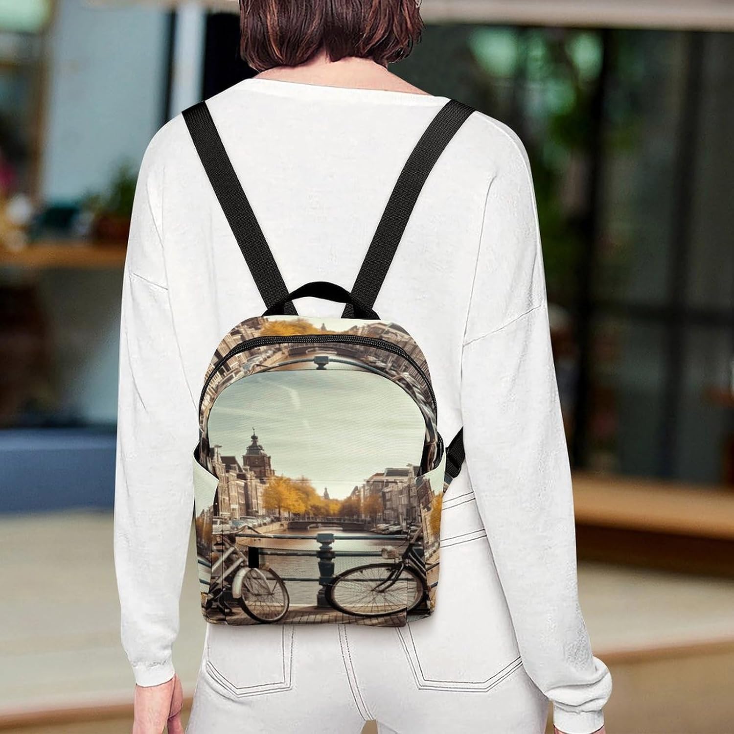 Bicycles in Amsterdam Mini Backpack Purse for Women | Waterproof durable oxford cloth casual daypack, lightweight small rucksack for work travel outdoor camping daily use & gift