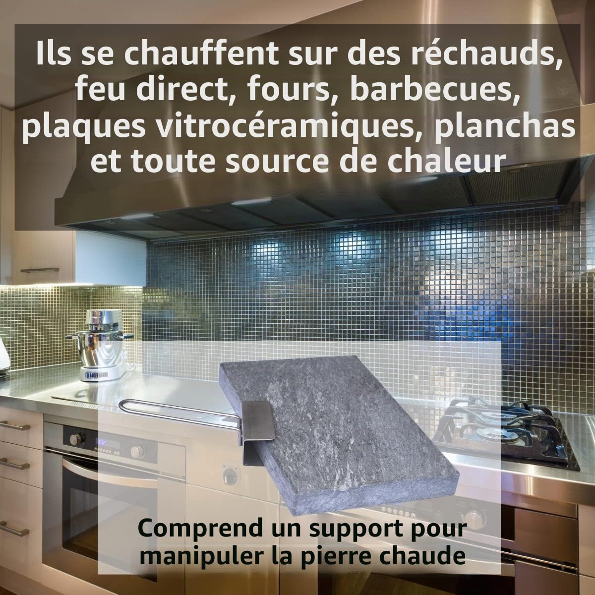 Pierre volcanique pour rôtir de la viande de 20x30x3 cm avec haltérophiles pour restaurants et particuliers - Fer en pierre volcanique pour viande- Grill pour cuisson de la viande à la pierre