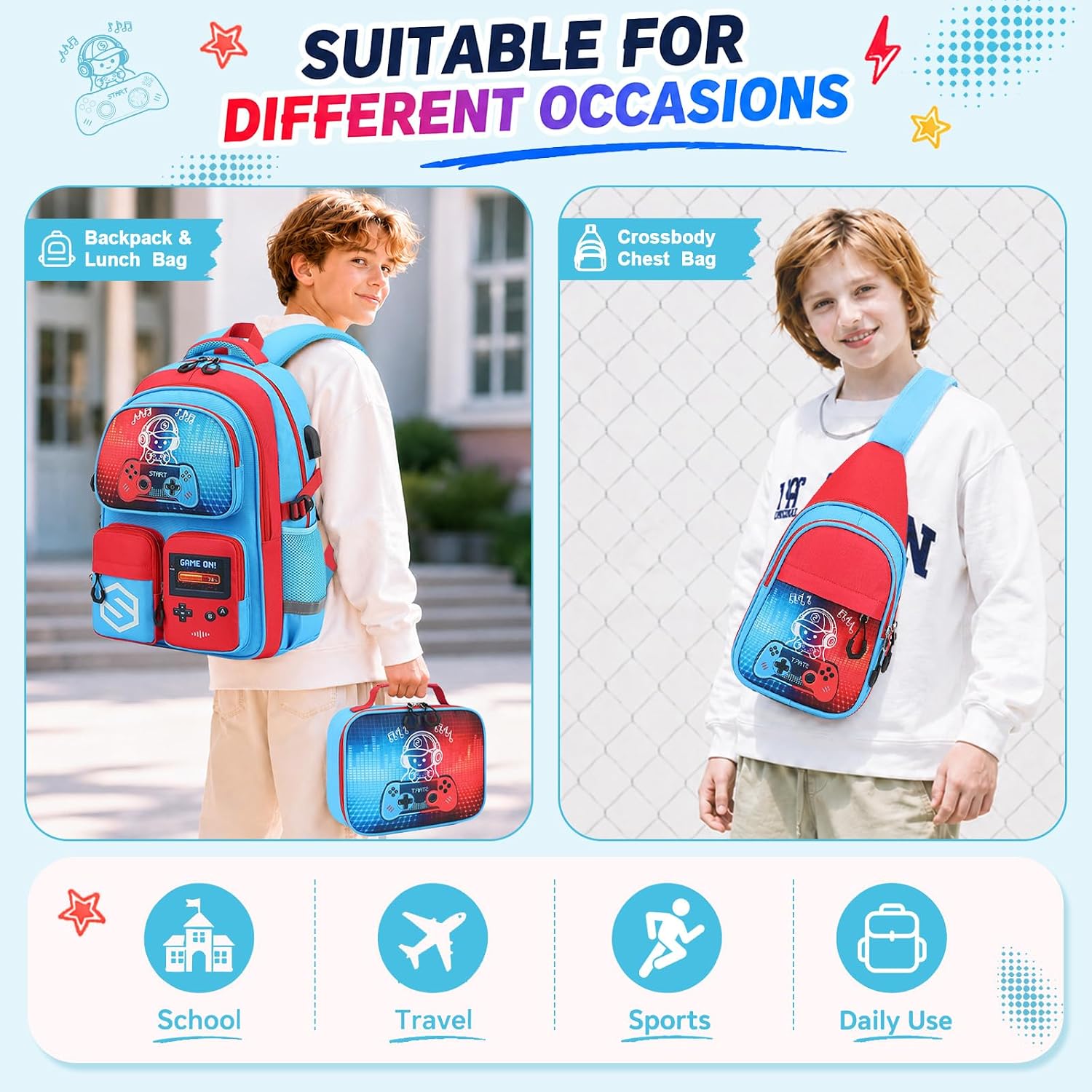  Kids Backpack for Boys, 4PCS Cool Luminous Gamer Boys Backpack with Lunch Box Pen Case Sling Bag, School Bookbag with USB Charging Port for Teens Boy Elementary Middle School Bag, Red Blue thumbnail