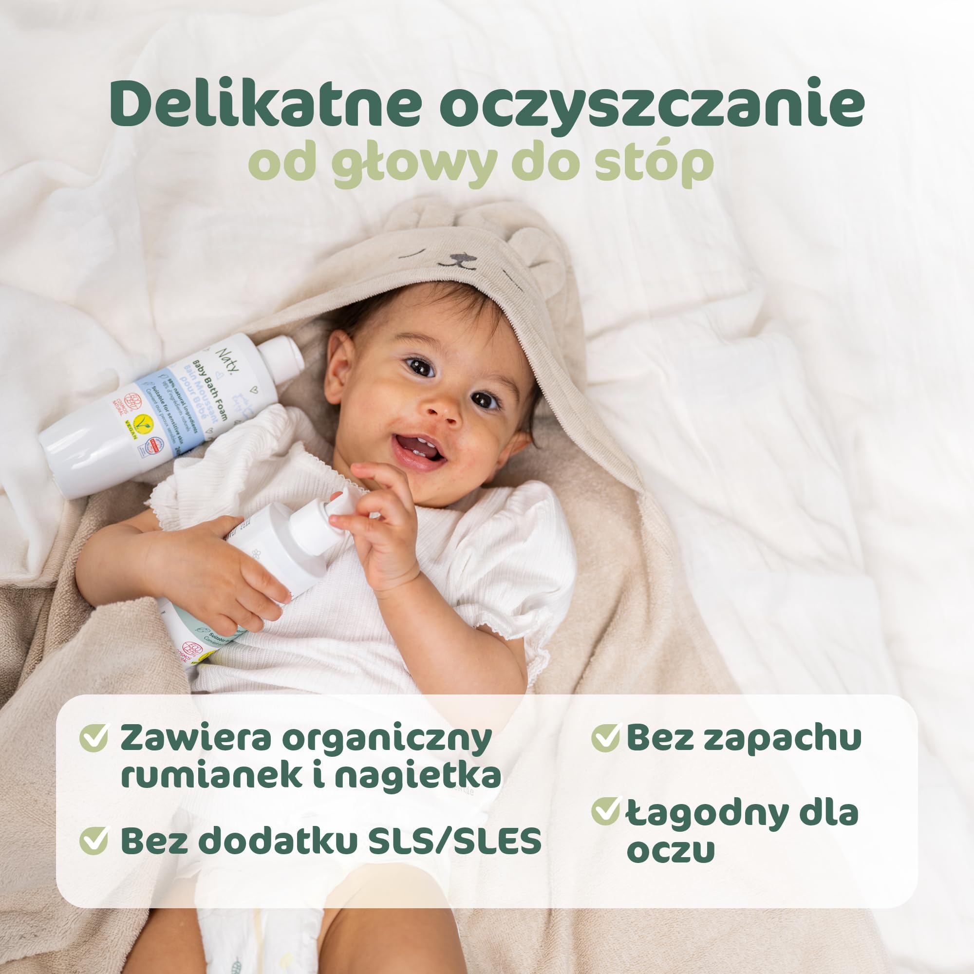 Naty Baby Foam Wash 240ml – Bez Łez, Bezzapachowy, 98% Pochodzenia Naturalnego, Wegański, Certyfikowany COSMOS Natural, Przetestowany dla Skóry Wrażliwej, Bez SLS, Pieniący się Środek Myjący