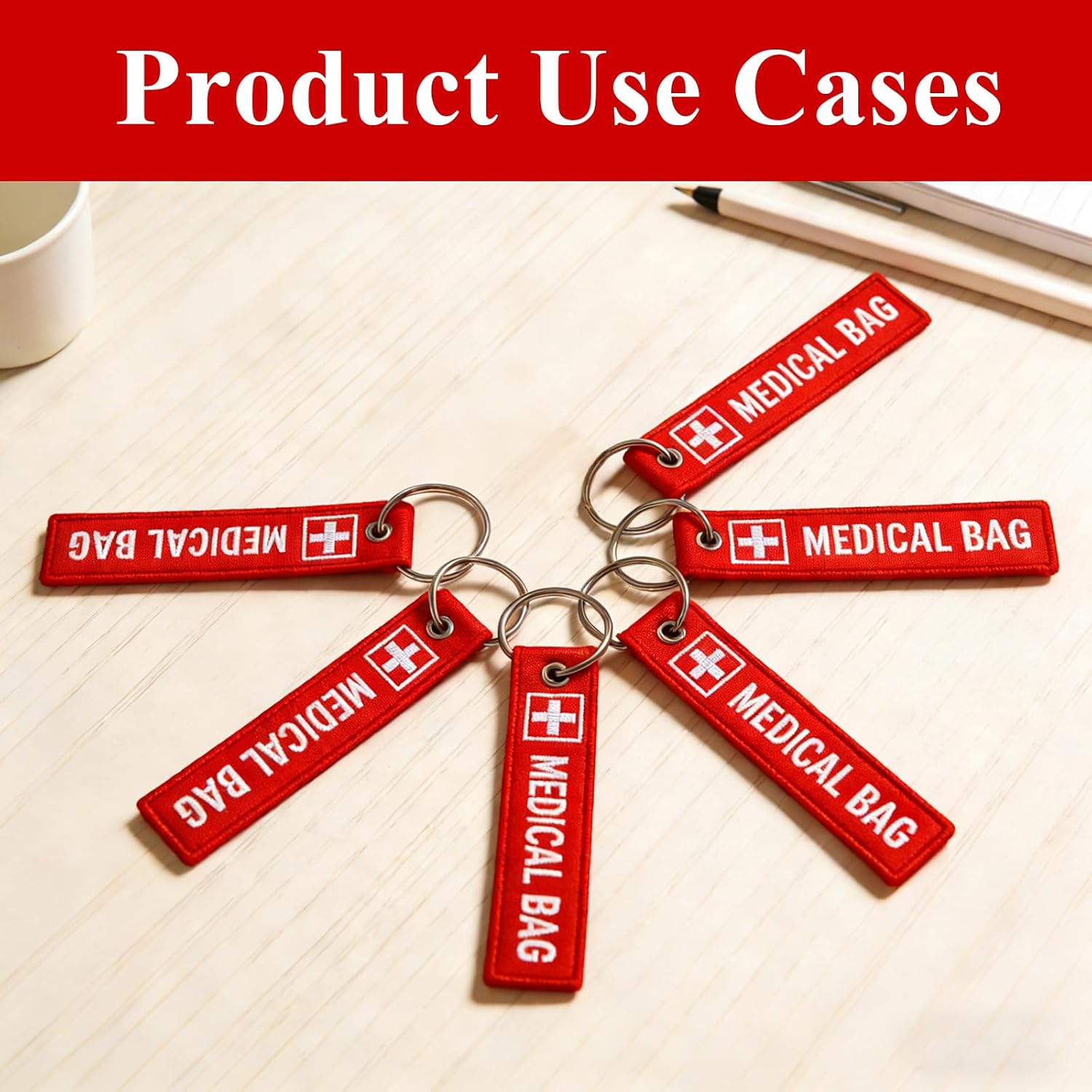 6-Pack Red Medical ID Luggage Tags, Double-Sided Embroidered Medical Alert Tags with Keychain for Suitcases, Backpacks, First Aid Kits and Travel Bags