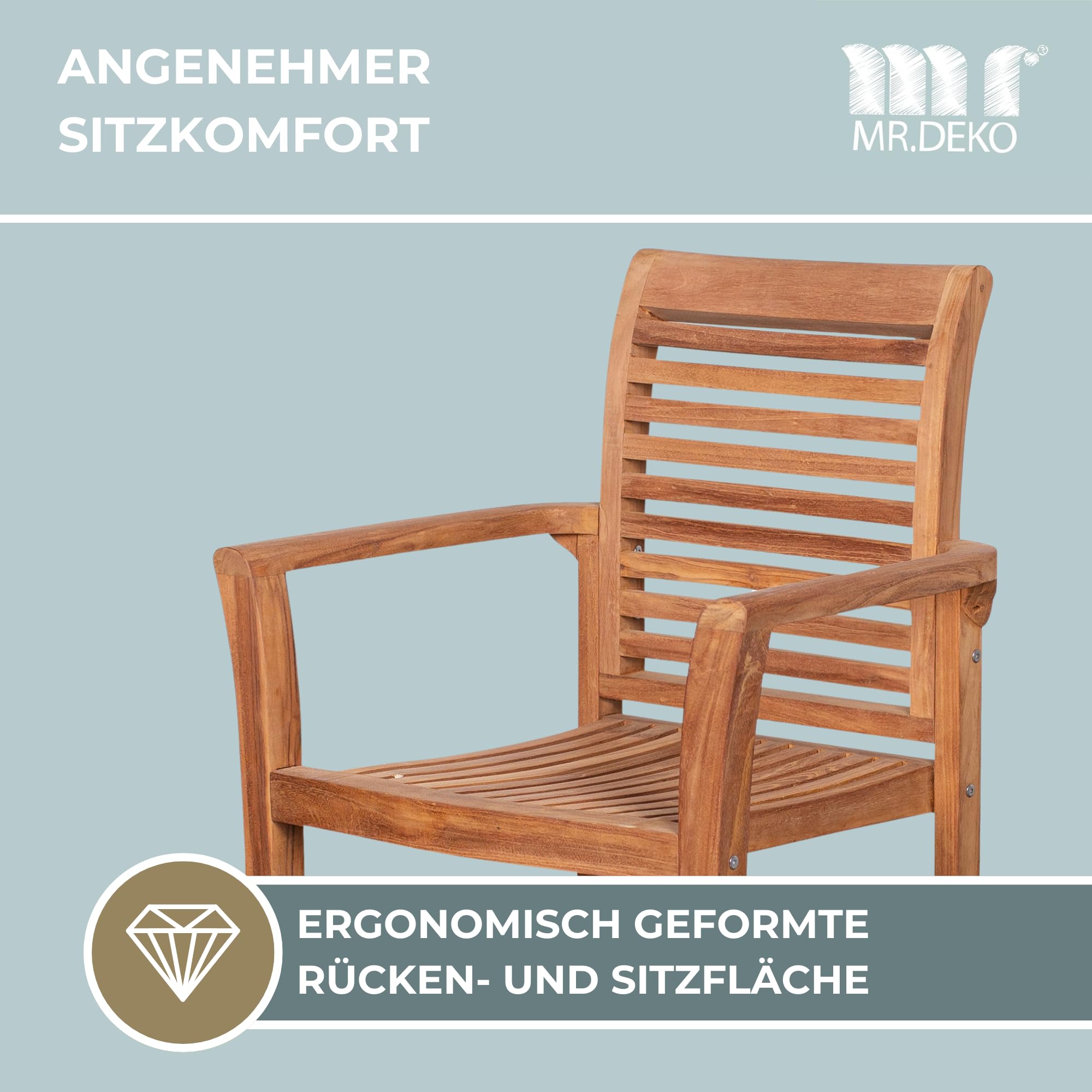 MR. DEKO Stapelsessel Derby Teakholz mit Armlehnen | Gartenstuhl Holz Stapelbar Wetterfest | Holzstuhl Garten | Teak Stuhl Outdoor | Gartensessel Balkonstuhl | Terrassenstühle