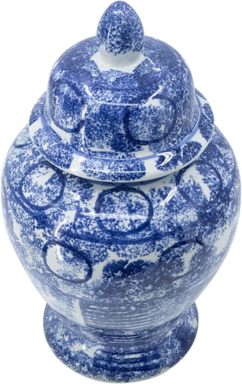 HomeStock Earthy Elements Ginger Jar - 20" Blue and White Finish, Abstract Pattern with Handled Lid, Stylish Decorative Jar