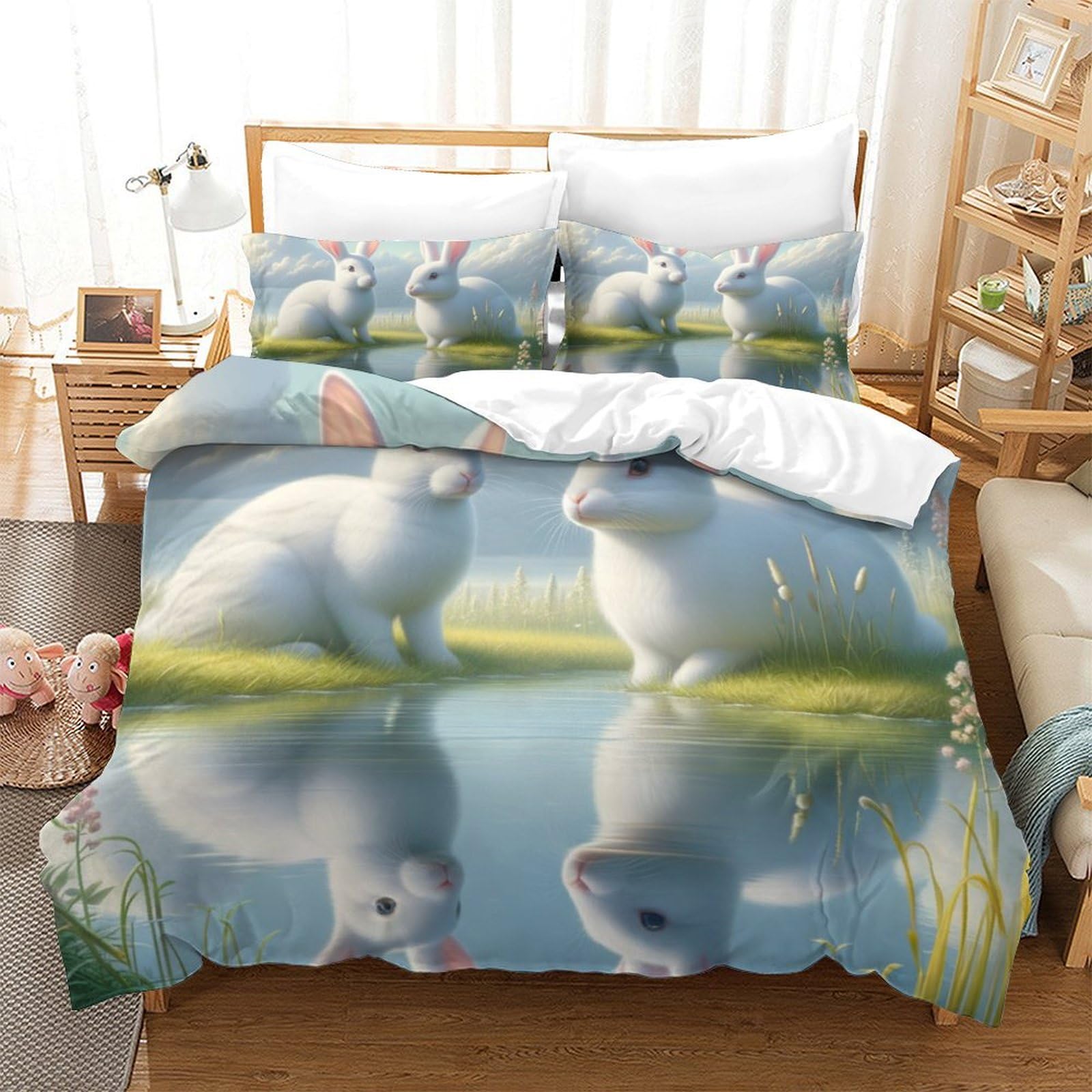 Housse de couette imprimée 3D lapin 260x220cm avec fermeture éclair pour lit super king