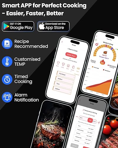 Miniatura 5 de PROGRACE Termómetro inalámbrico Bluetooth inteligente para carne: base independiente, rango ilimitado WiFi, 6 sensores con precisión certificada