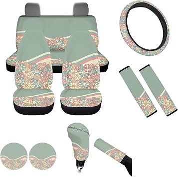 Abstract 70S Groovy Flower Auto Seat Cover Full Set,11 Pcs Green Car Seat Covers Accessory Front Rear Seats Pad with Coaster,Keyring,Steering Wheel Cover,Gear Shift Knob Handbreak Pad