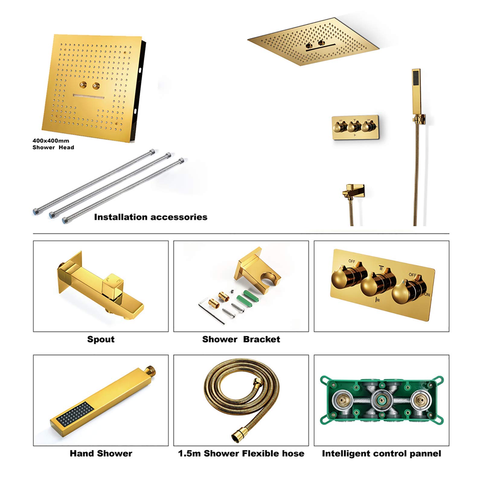 Zestaw prysznicowy Gold Shower Combo, montowany na suficie, z baterią prysznicową do łazienki, ze stalową głowicą prysznicową, prysznicem ręcznym, baterią wannową, w,