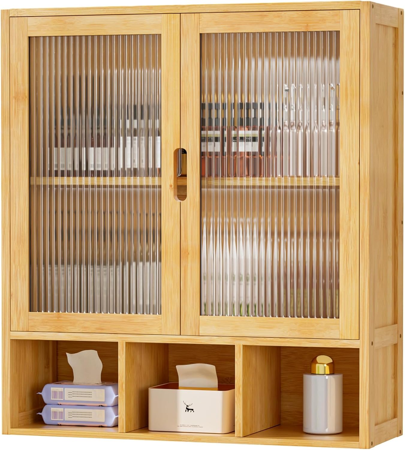 Bathroom Wall Cabinet with 2 Frosted Door,Bamboo Medicine Organizer with Open Compartment,Over The Toilet Storage Shelf Space Saver (Bamboo)