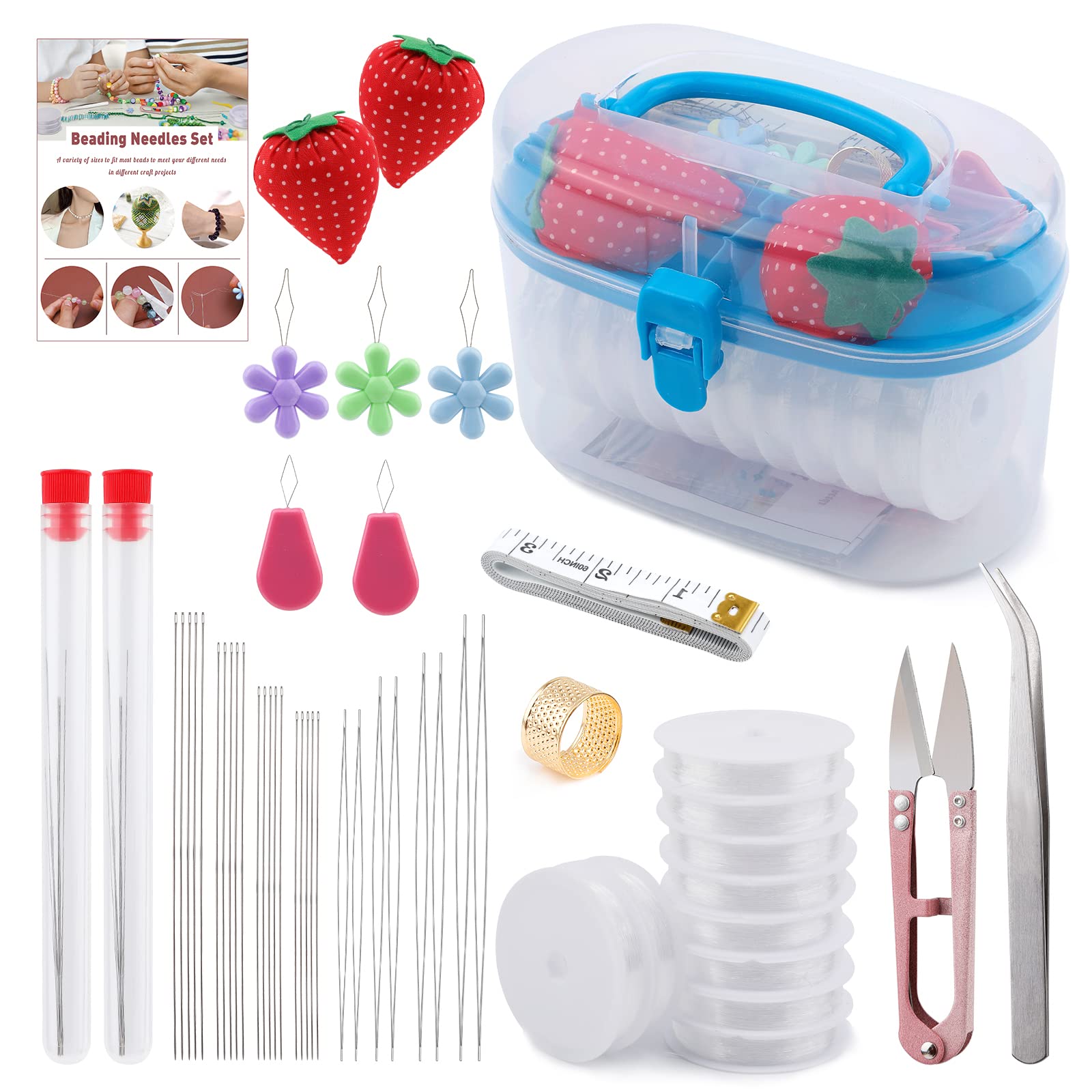 50Pcs Beading Needles Set Include 20Pcs Long Straight Beading Thread Needles+8Pcs Big Eye Beading Needles+10Pcs Elastic String, Needles for Jewelry Making with Thimble, Needle Threader and Storage Box