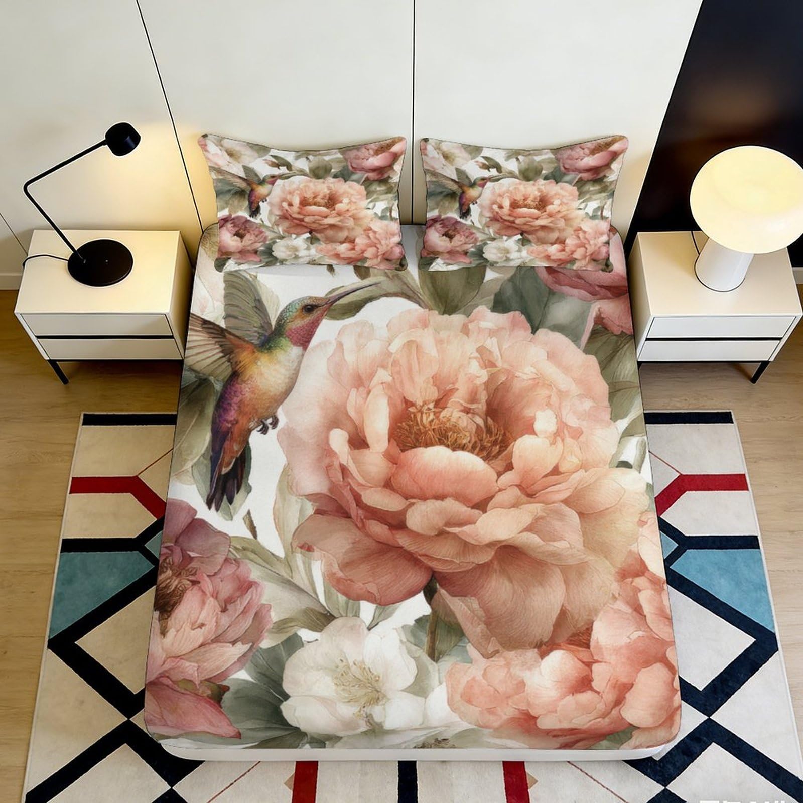 3D Printed Floral Hummingbird Fitted Sheet Microfiber Soft Breathable Peony Bed Cover for Bedroom Dormitory Guest Room Mattress Protection 160x200x25cm