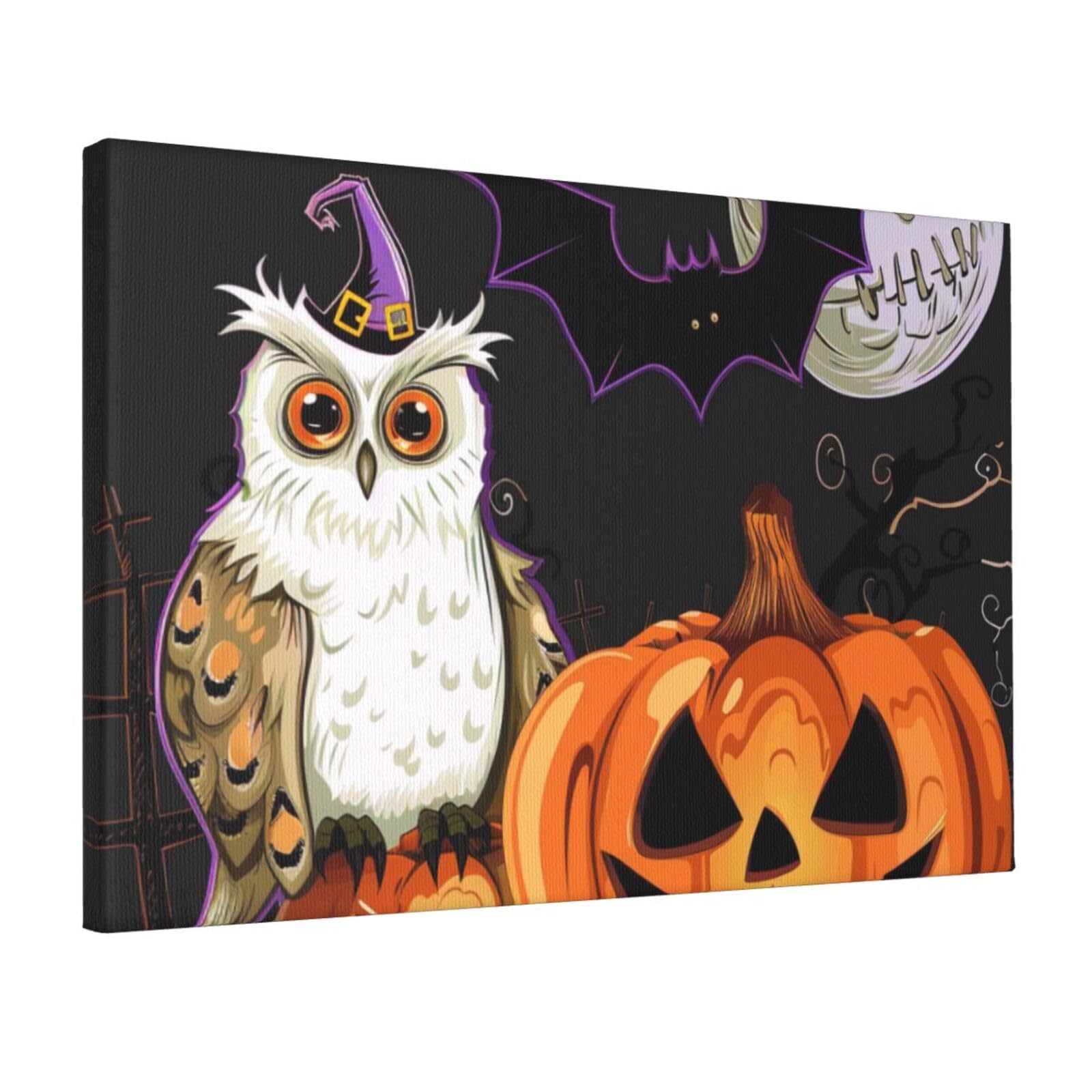 YKLJG Halloween Owl Ghost Printed Wall Art Canvas Prints 45x30 CM Wooden Framed Picture Painting Artwork for Bedroom Kitchen Home Office Decor
