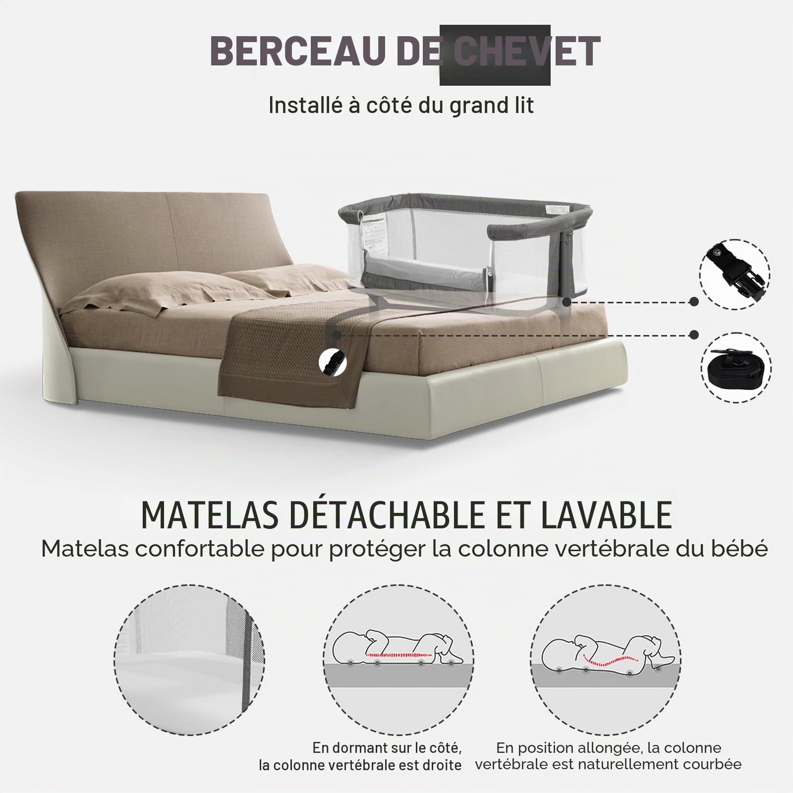 Berceau 3 en 1 pour bébé, berceau, berceau, lit de chevet, lit de voyage, avec matelas et table à langer, pliable, réglable, berceau, portable (gris)