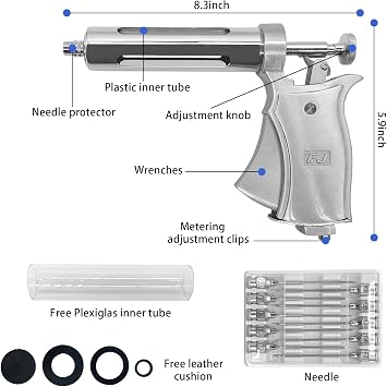 Veterinary Livestock Syringe - 50CC Adjustable Dosage Semi-Automatic Injection Gun with 20 Needles for Horses, Sheep, Cattle, and Pigs, Precise Dosage Veterinary Syringe for Farm Use