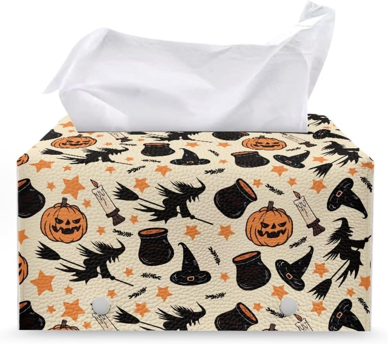Pu Leather Tissue Box Cover Rectangle Tissue Box Holder Witch Pumpkin Candle Halloween Tissues Boxes Cover Rectangle Waterproof Facial Paper Organizer for Home Office Bathroom Desk Car