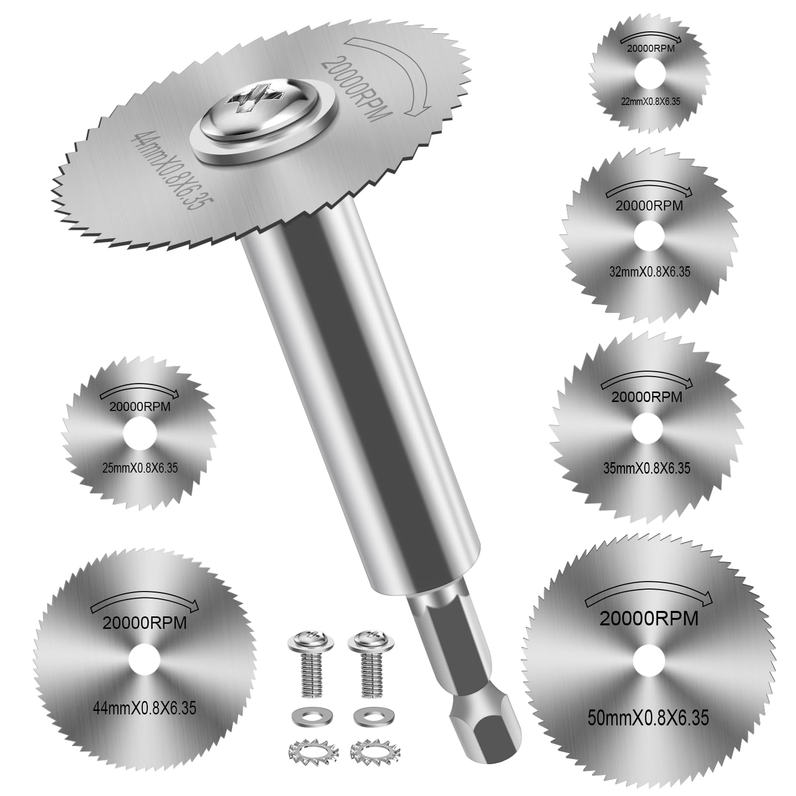 Sägeblatt Kreissägeblatt Set, 1/4" Sechskantschaft (100mm Langer Schaft) HSS Kreissägeblätter für Bohrmaschine, Mini Kreissägeblatt für Holz Kunststoff Metall - 7 Stück