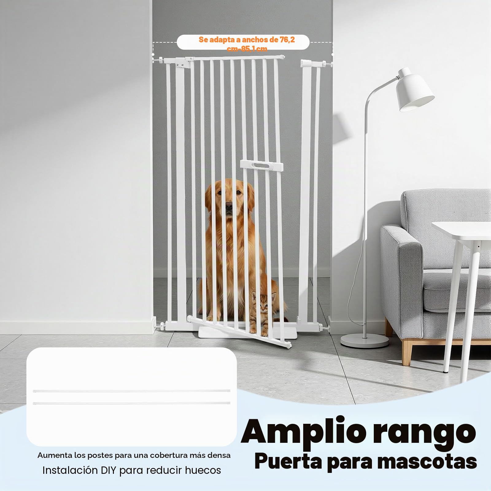 Rejilla para mascotas extra alta 150 cm con doble cierre, puerta para gatos y distancia entre barras de acero al carbono de 3,5 cm, sin taladrar, ancho ajustable para escaleras/puertas, cierre