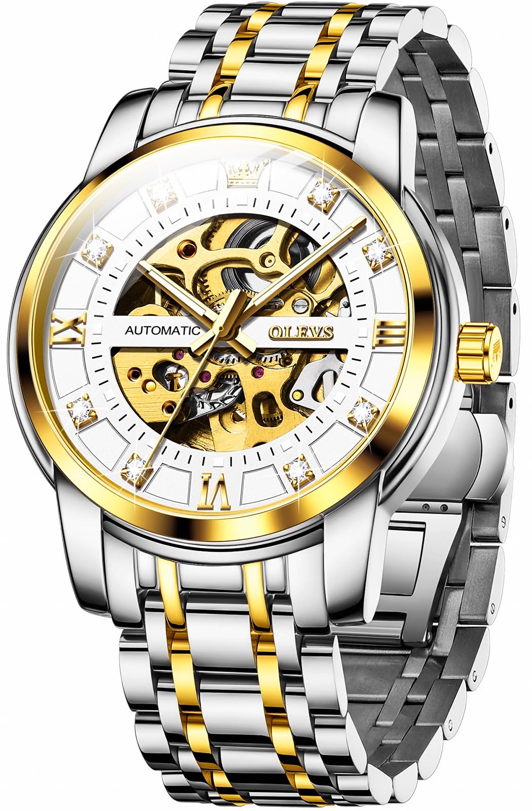 OLEVS Mens Automatic Watch Skeleton Diamond Luxury Mechanical Self Winding Dress Wrist Watch Waterproof Luminous