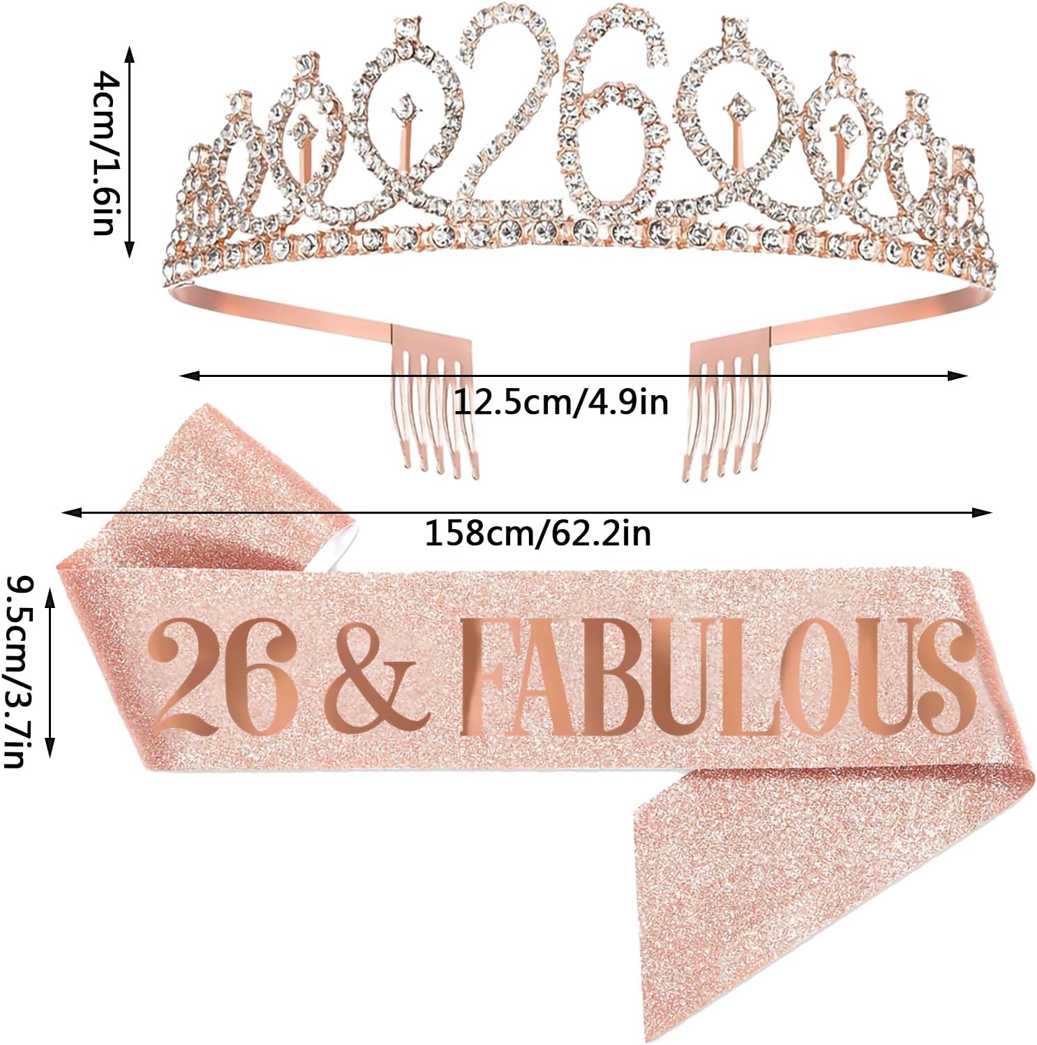 26th Birthday Sash and Tiara for Women, 26 & Fabulous Birthday Sash and Crown for Party Favors Supplies and Decorations, Rose Gold - Image 2