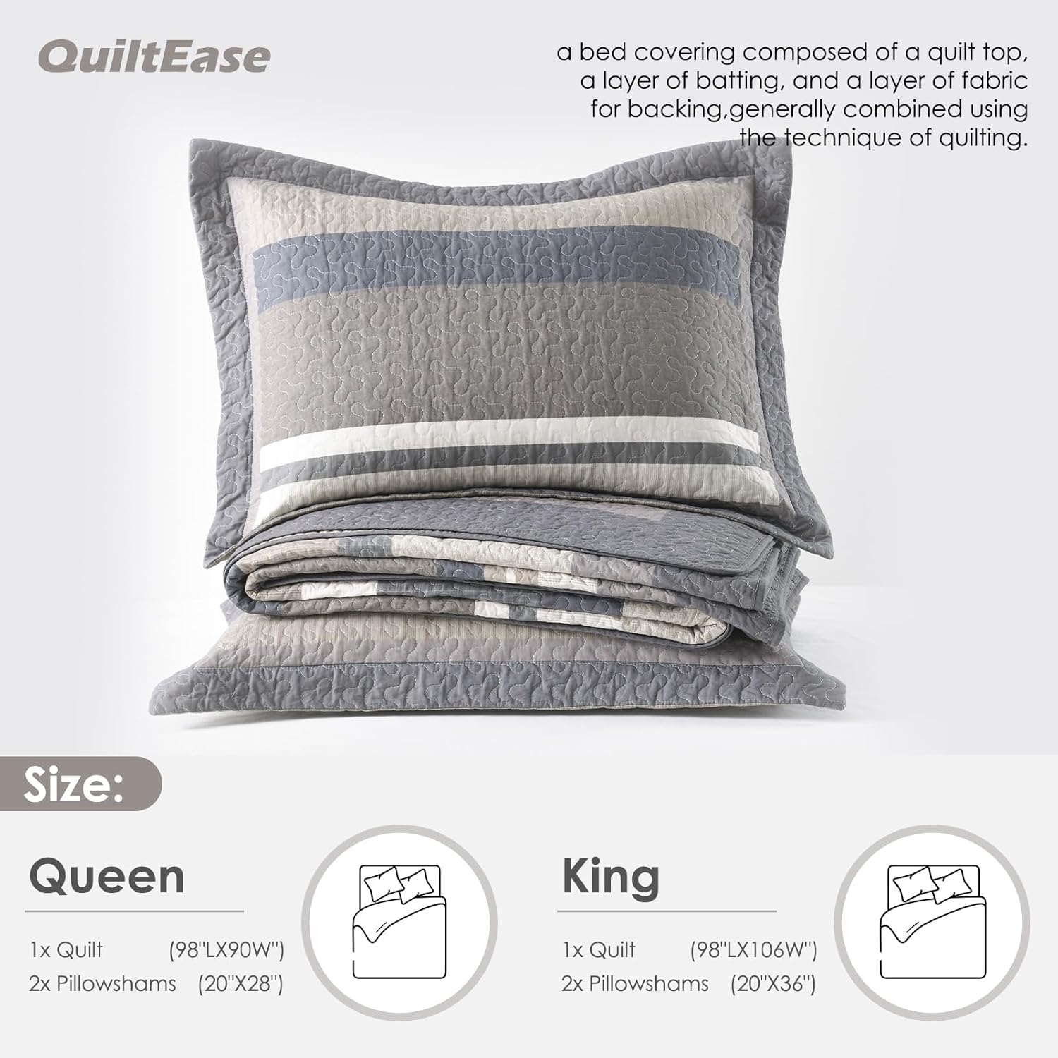 Stripe Quilts King Size - 3 Pieces Quilt Sets - 100% Cotton Farmhouse Bedspread Bedding Set for All Season - Reversible Lightweight Comforter - Brown/Oatmeal/Dark Grey/Smokey Olive