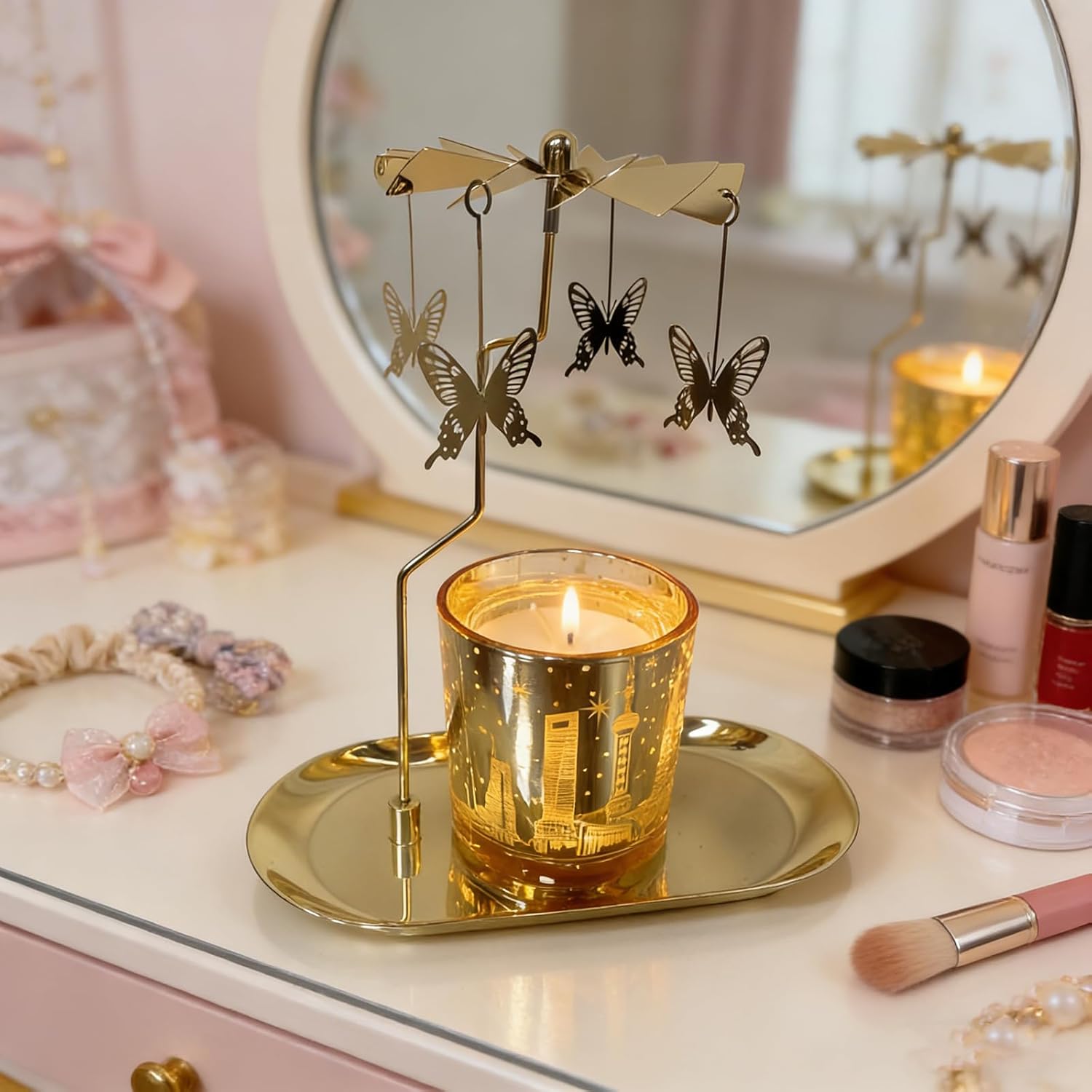 Carousel Candles Holder Rotary Aromatherapy Candle Gift for Women - Birthday, Mother's Day, Easter Present for Mom, Wife, Girlfriend, Sister, Mother-in-Law (Golden Butterfly)