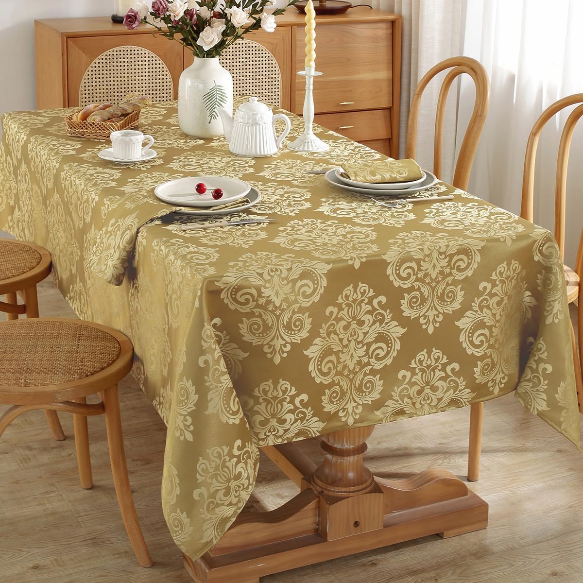 Damask Gold Tablecloth for Rectangle Tables 60 x 84 Inch, Floral Jacquard Machine Wash Oil Proof Fabric Table Cloth, Thick Table Cover for Dining/Party/Wedding/Indoor/Outdoor