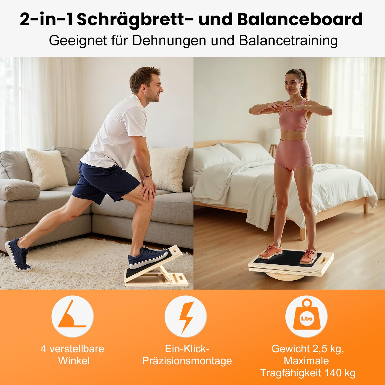 2 in 1 Wadendehner Schrägbrett Balance Board erwachsene aus Holz Gleichgewichtstrainer balanceboards klappbares Slant Board mit Tragegriff