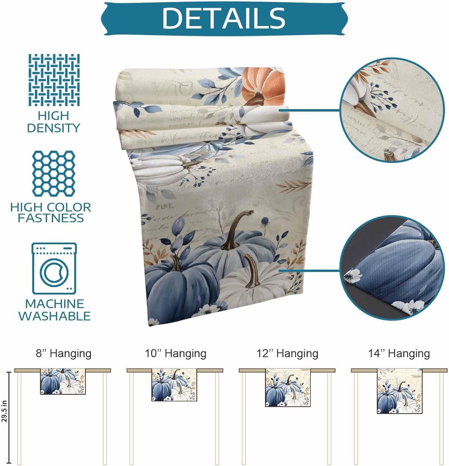 Thanksgiving Fall Table Runner - 72 Inch Long Maple Leaf Blue Gray Pumpkin Cotton and Linen Blended Dress Scarves Farmhouse Table Runner for Kitchen Dining, Coffee Table, 18" x 72"