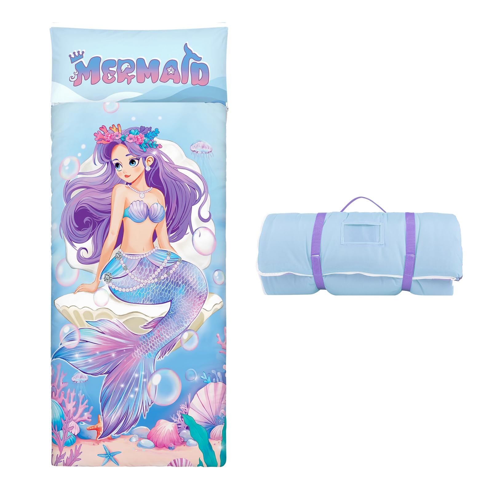 Sleeping Bag for Girls,Nap Mat for Kids with Removable Pillow,Warm Toddler Slumber Bag for Bedroom Daycare,Gift for Birthday Christmas-Mermaid