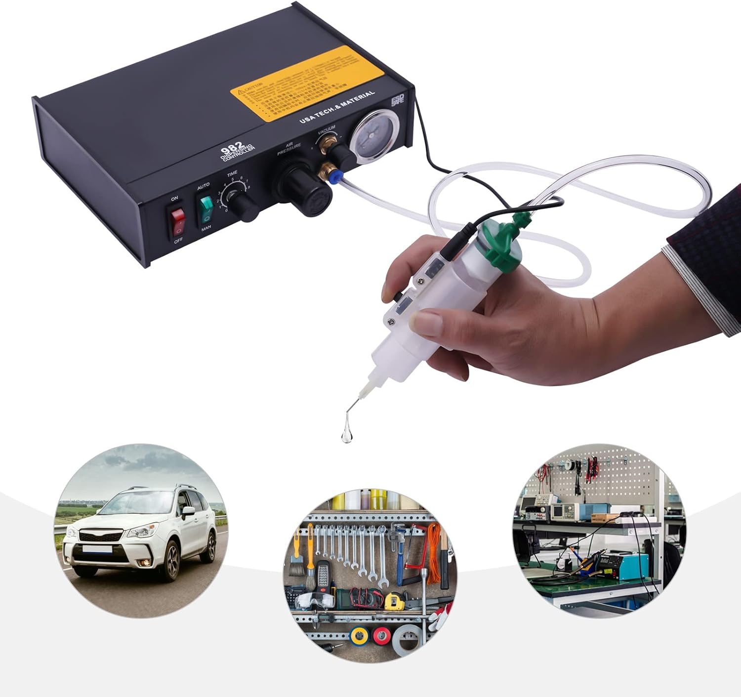 982 Pneumatic Glue Dispenser Solder Paste Controller 110V 60Hz Semi-Automatic/Manual Solder Paste Controller, 0.01ml Precise Liquid Adhesive Dispenser with Vacuum Back Suction for US Plug