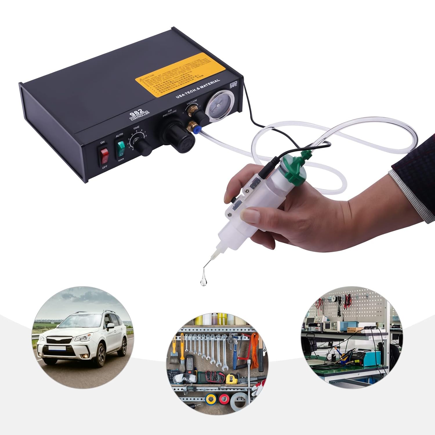 982 Automatic Glue Dispenser Machine,20w Pneumatic Dispensing Machine Precise Controller W/Foot Switch,Automatic Timing & 0.01ml Minimum Drip Volume for Electronic Components.