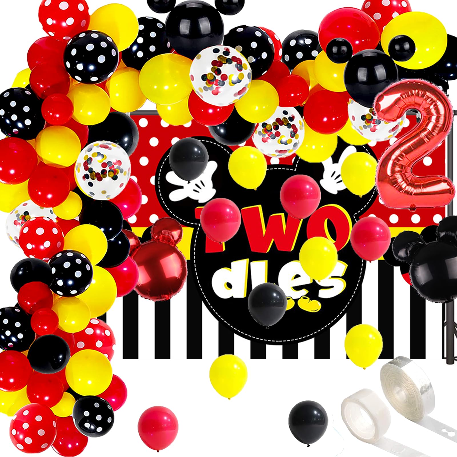 98 Pcs Red Cartoon 2nd Birthday Party Supplies - Oh Twodles Photography Backdrop, Boys 2nd Birthday Balloon Arch Garland Kit