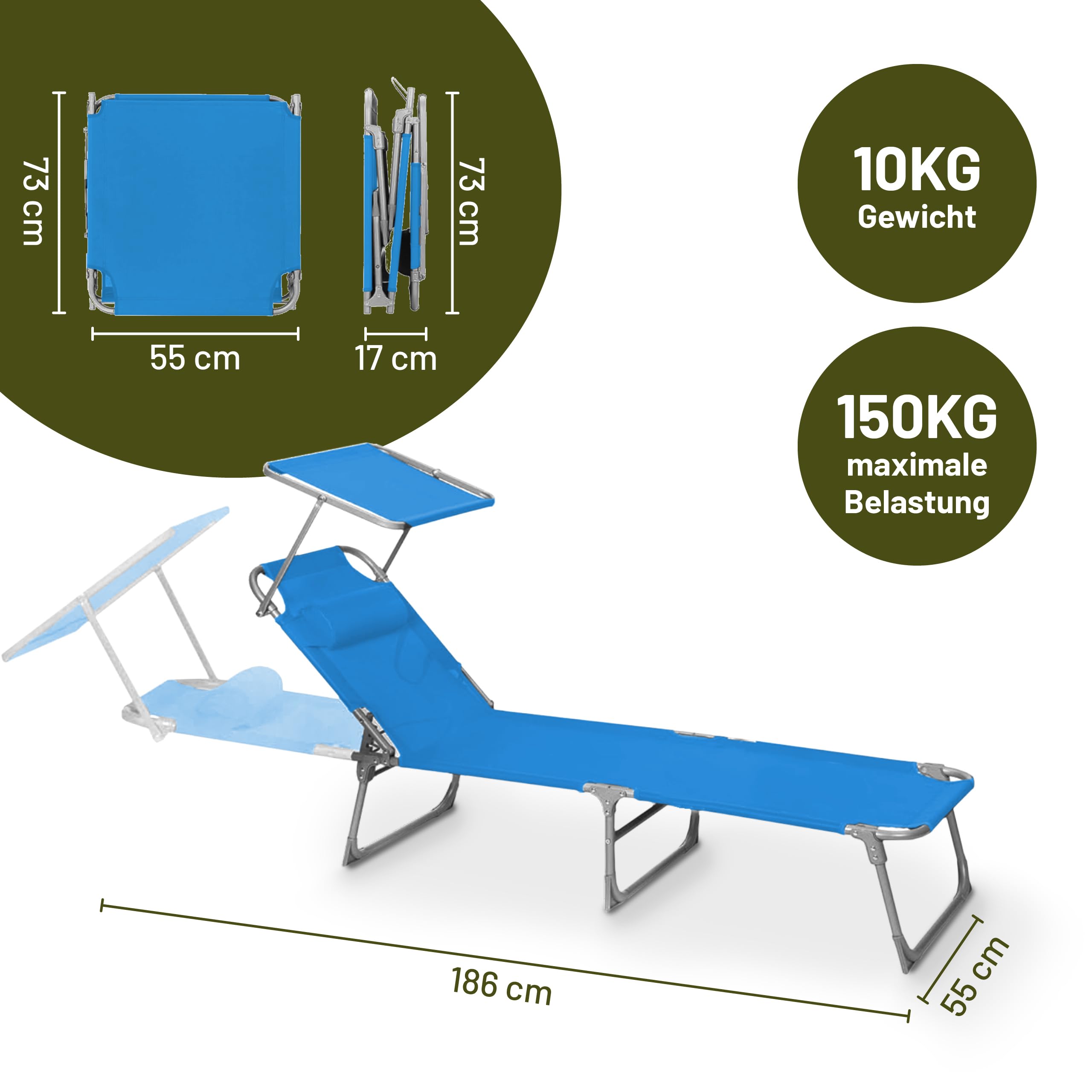VCM Sonnenliege klappbar 185x24x55 cm Gartenliege faltbar Liegestuhl mit verstellbarem Sonnendach Blau