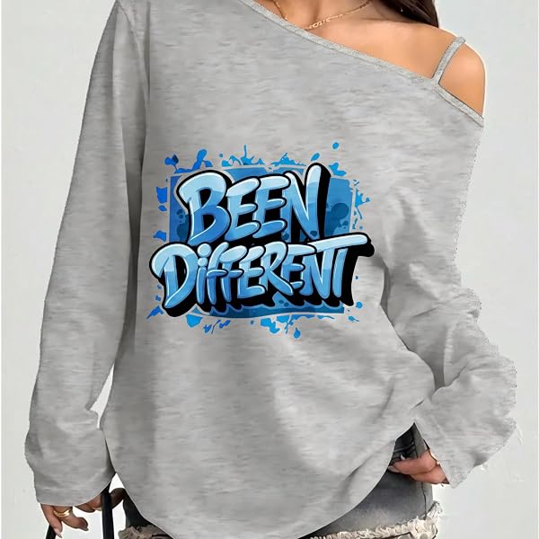 Sweat-shirt graphique à épaules dénudées pour femme avec imprimé différent – T-shirt décontracté à manches longues style urbain ample - 2