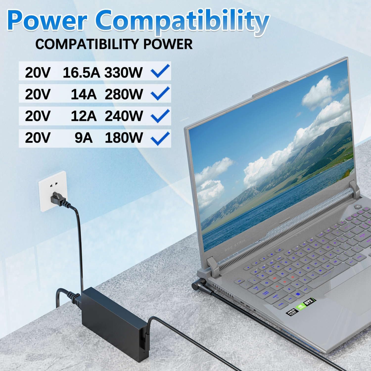 Ładowarka AC 330 W 16,5 A 20 V do Asus Rog Zephyrus Duo 16, M16, Strix Scar 16, 17, 17SE, G16, G18, A21-330P1A, A22-330P1A zasilacz do laptopa do gier