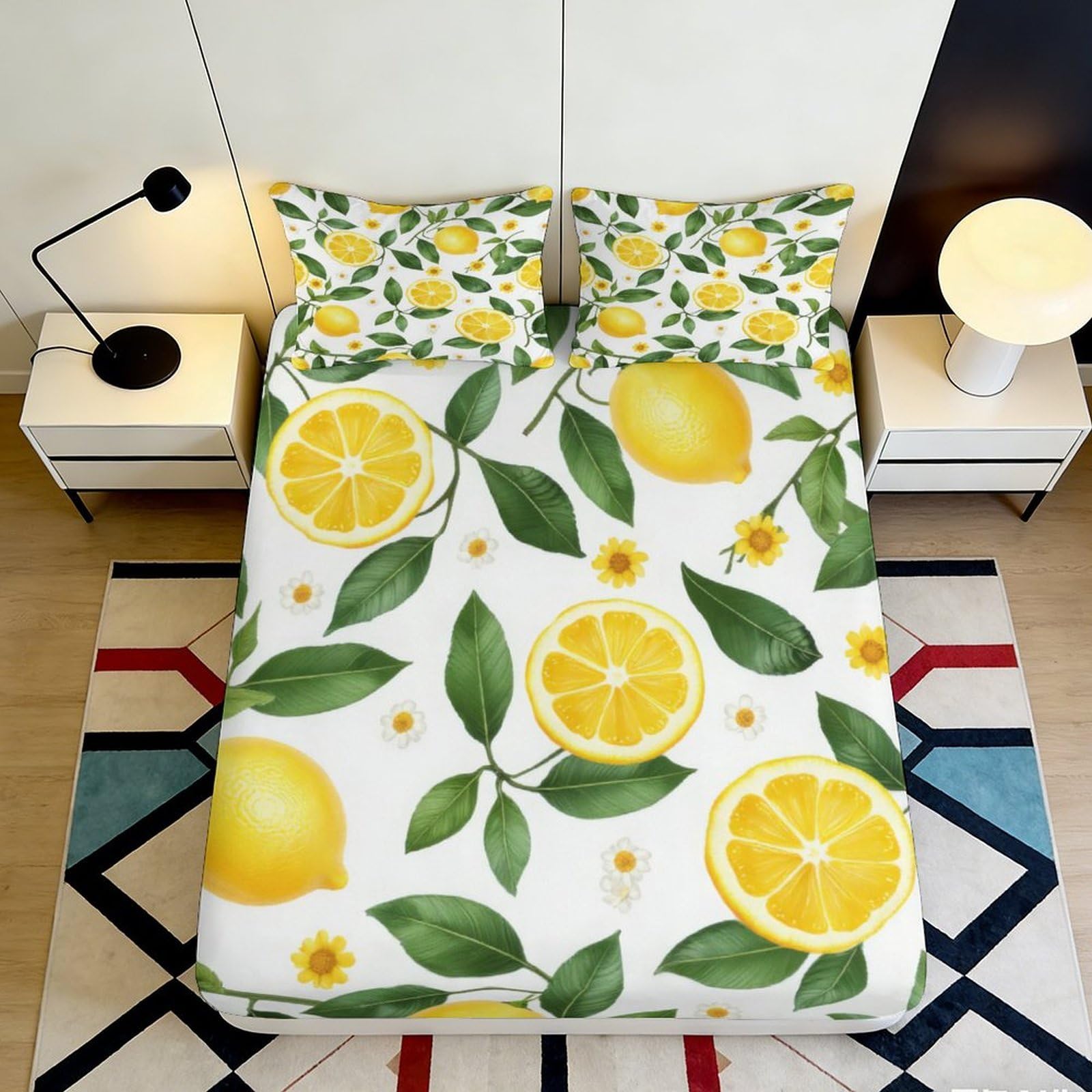 3D Printed Lemon Botanical Fitted Sheet Microfiber Yellow Fruit Mattress Cover Anti-Slip Washable for Bedroom Guest Room Decor 180x200x25cm